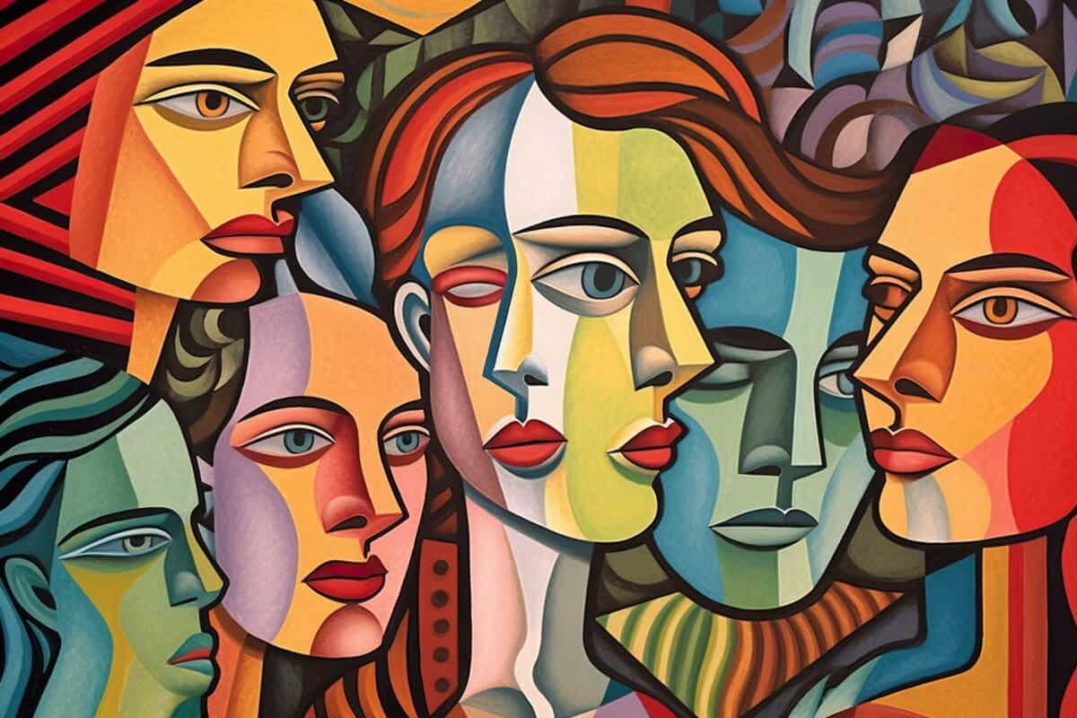 Abstract neo-cubism painting of colorful female faces