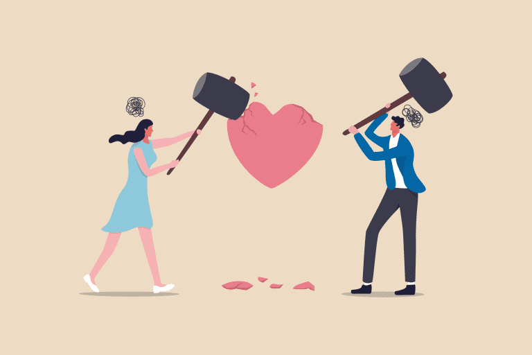 Angry divorced couple hammering broken heart