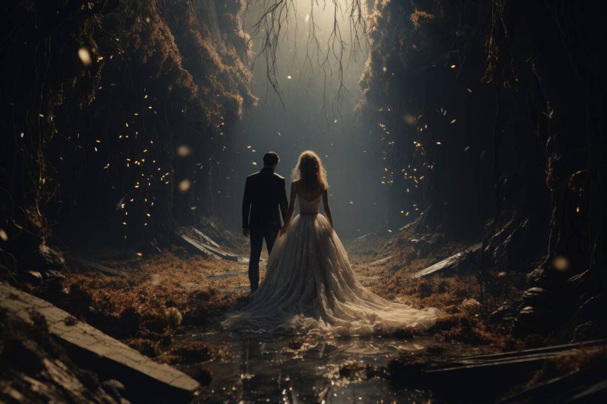 Bride and groom walking through fantastical eerie forest