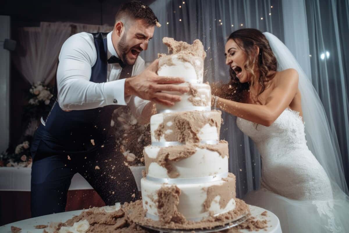 Bride and groom smashing large wedding cake