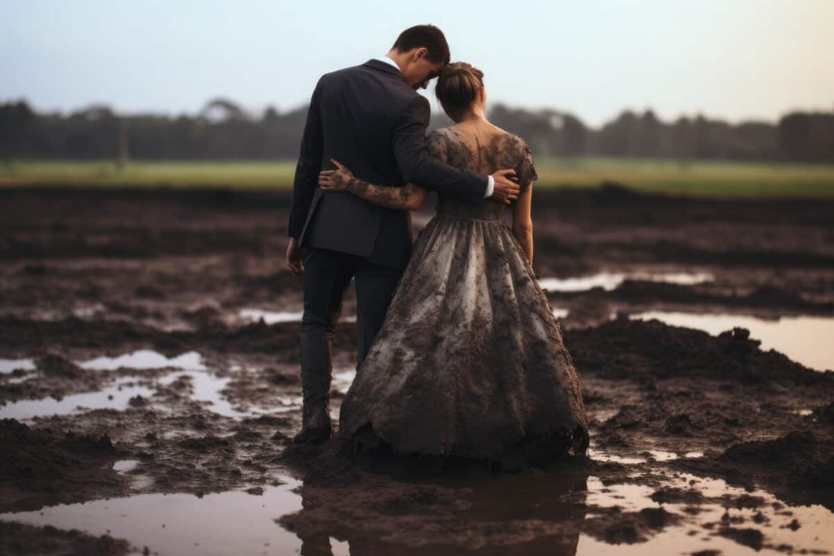 Bride and groom standing in a muddy, rain-soaked field