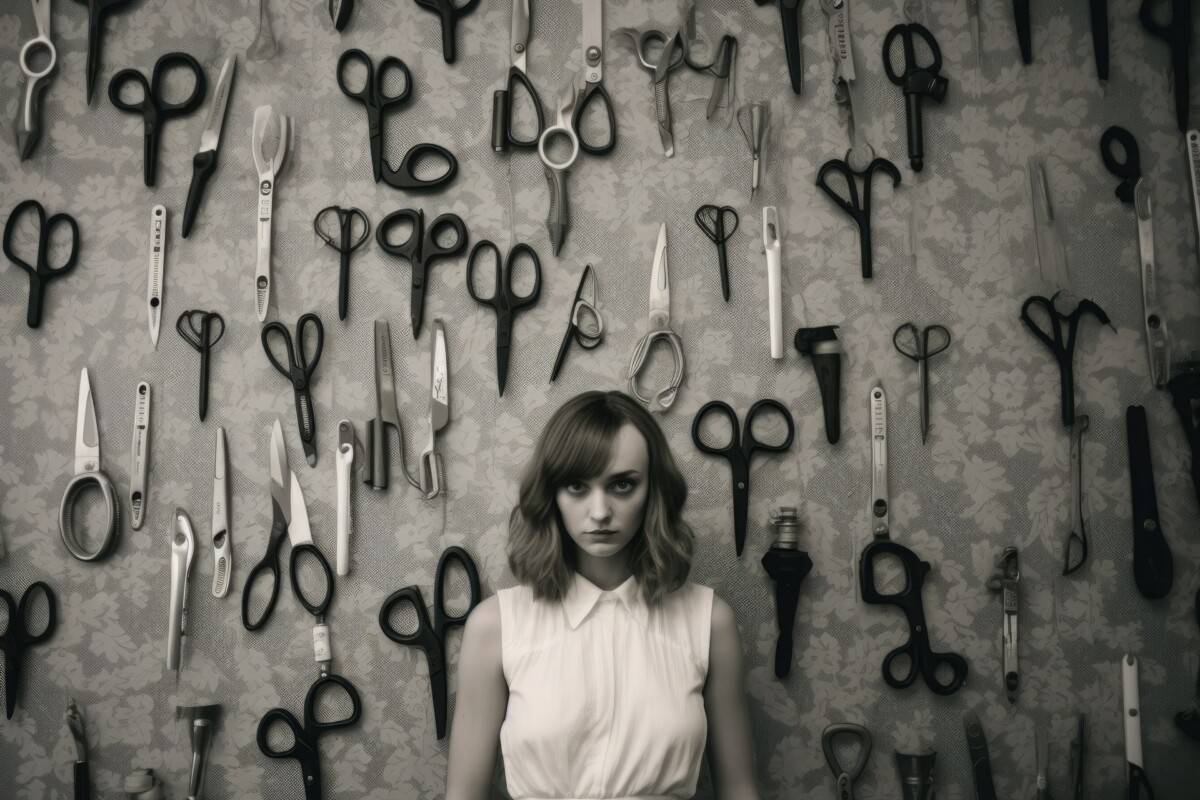Bride standing in front of a wall of scissors