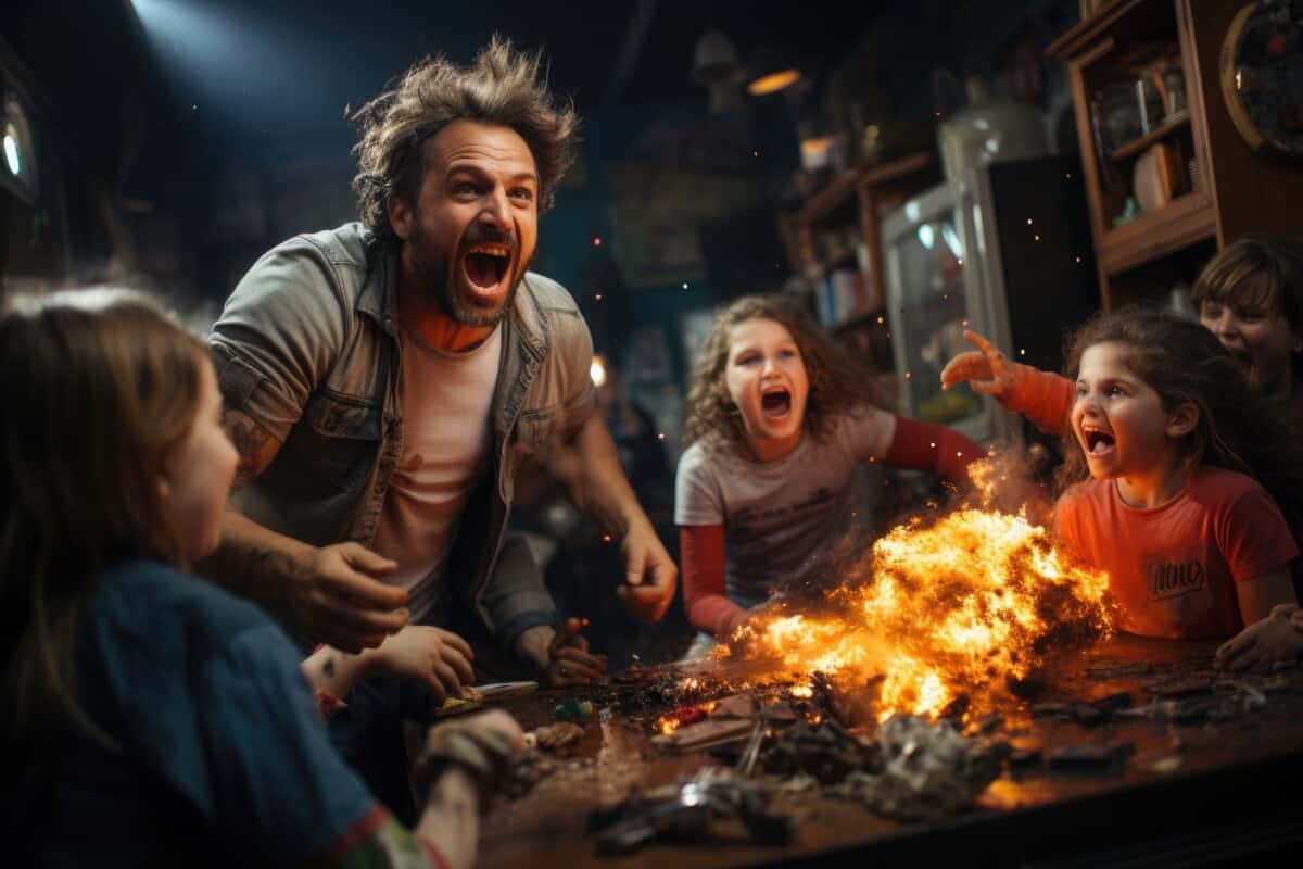 Children and parents laughing at chaotic indoor bonfire