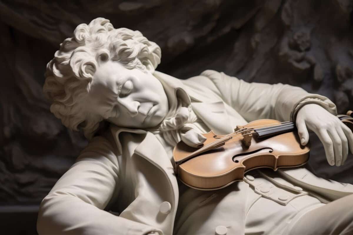 Classical composer, exhausted, with violin resting