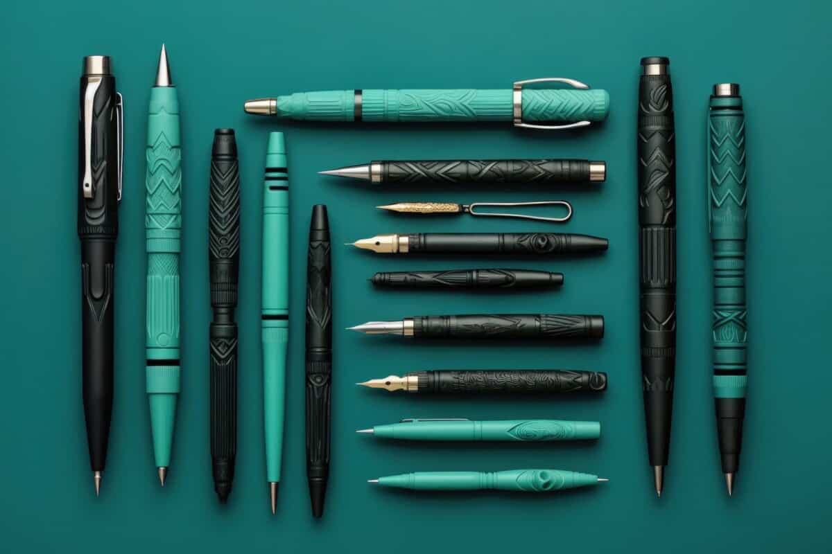 Collection of green and black embossed pens laid out on a teal surface