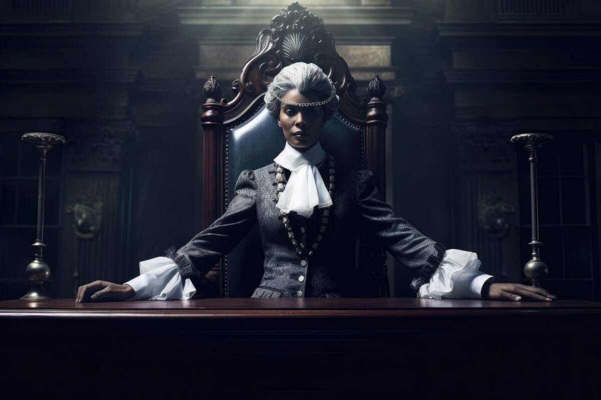 Commanding female judge sitting in her courtroom throne