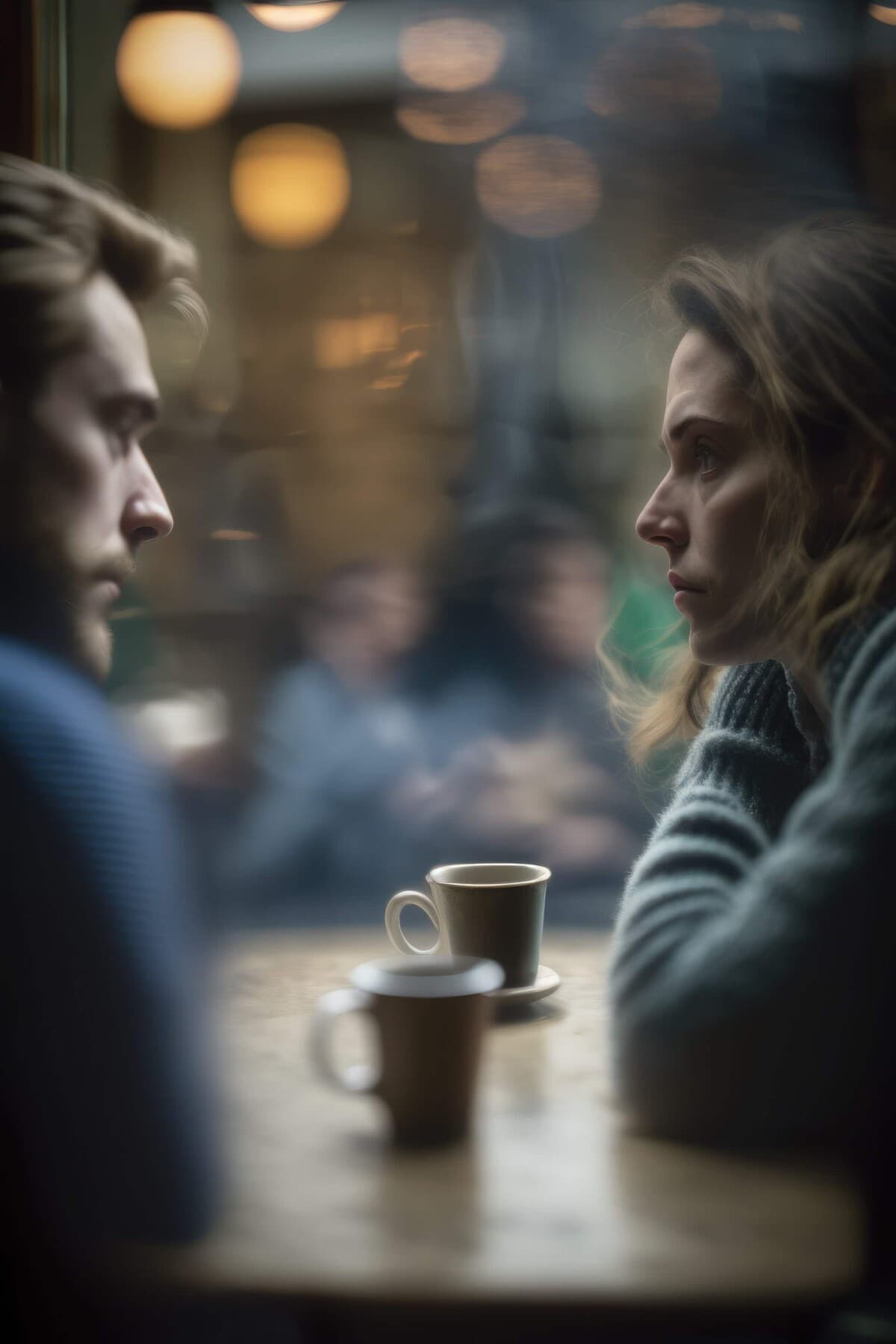 Couple having an emotional conversation in a café