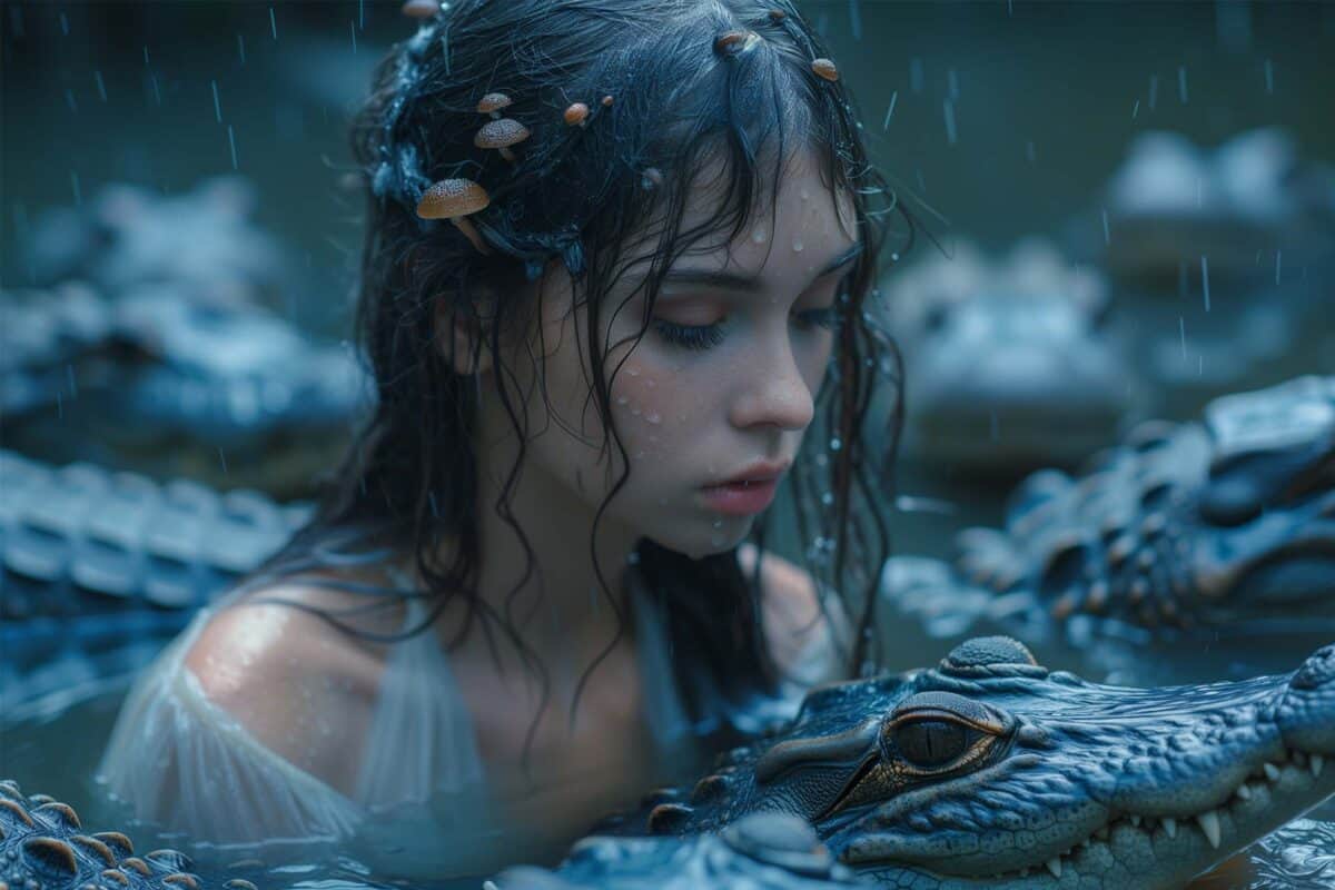 Courageous woman wades through a fairytale swamp during a torrential downpour, with water up to her collarbone, surrounded by alligators devoid of menace