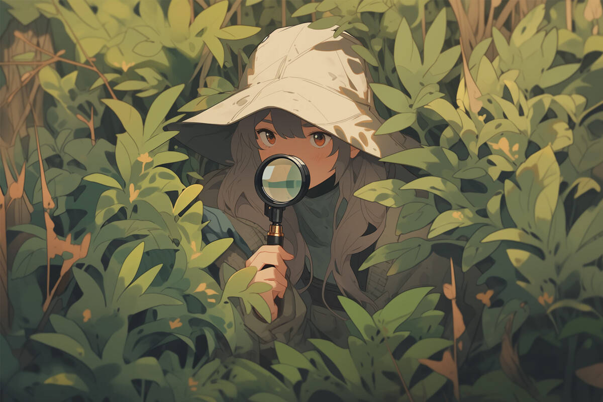 Covert woman spying in bushes with magnifying glass