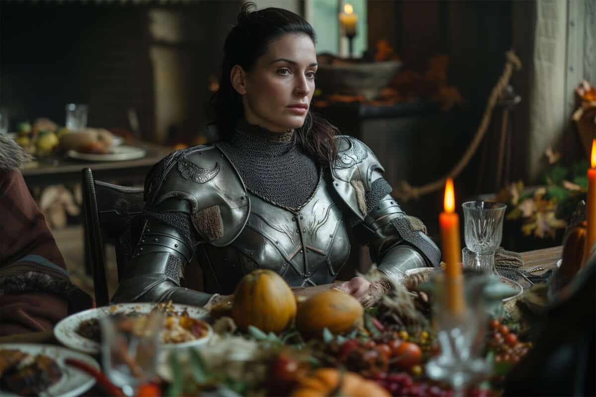 Defiant woman in medieval body armor commands attention at an extravagant feast, her steely-eyed gaze simmering with contempt