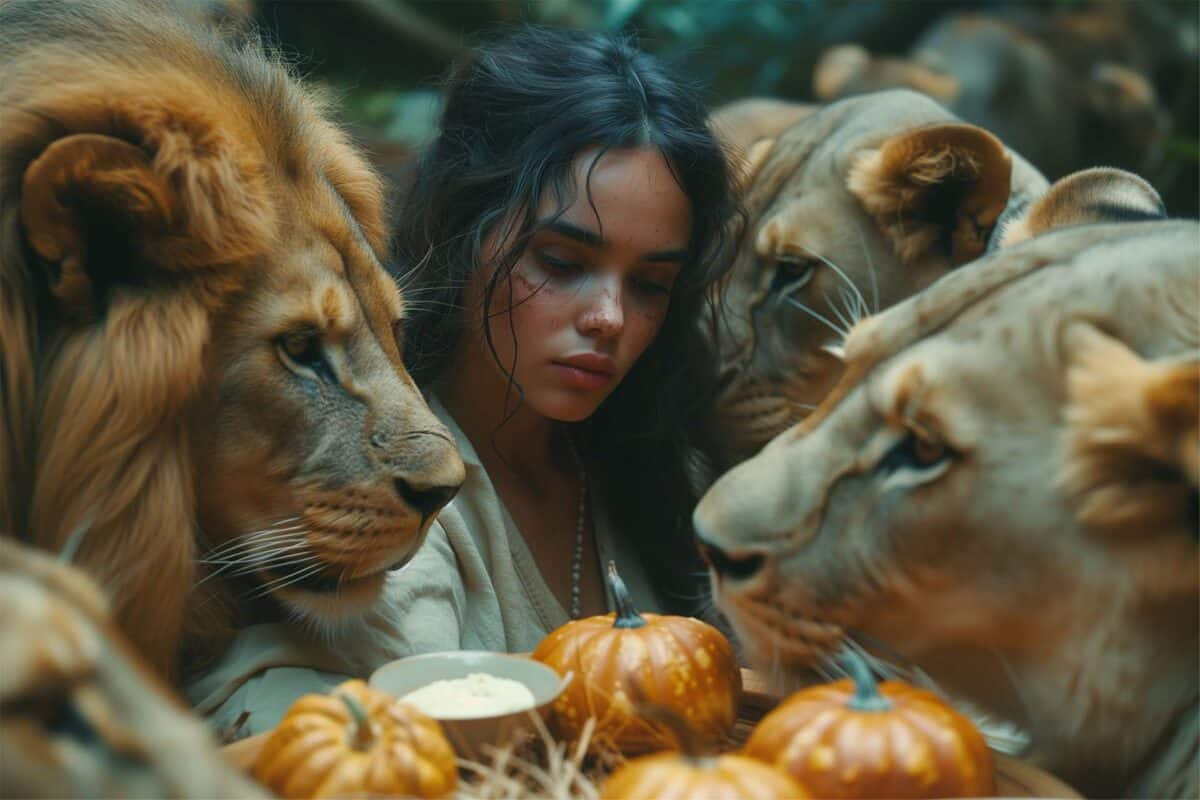 Fearless woman shares a serene, ethereal banquet with a pride of lions at a table adorned with pumpkins