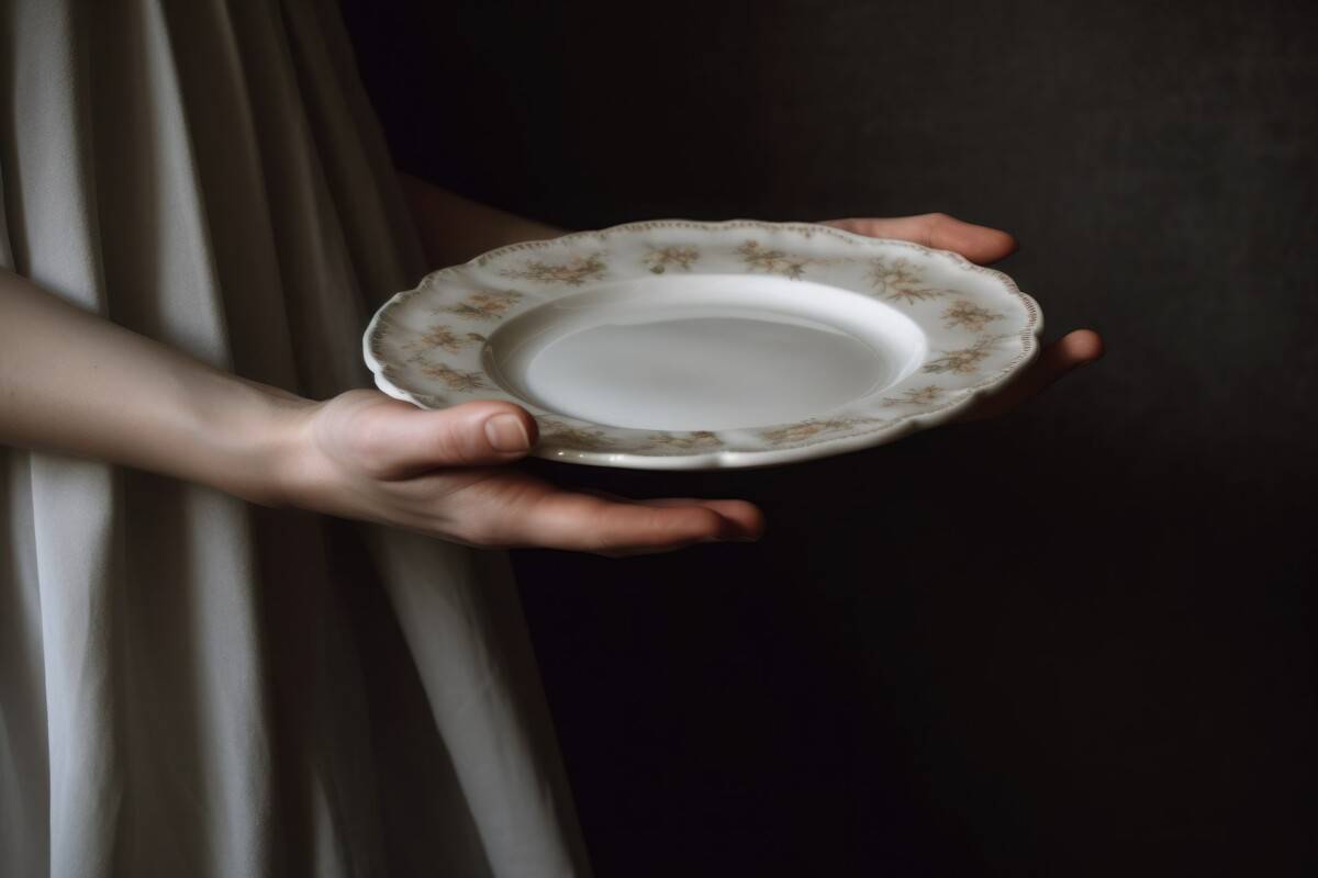 Female hand holding out plate