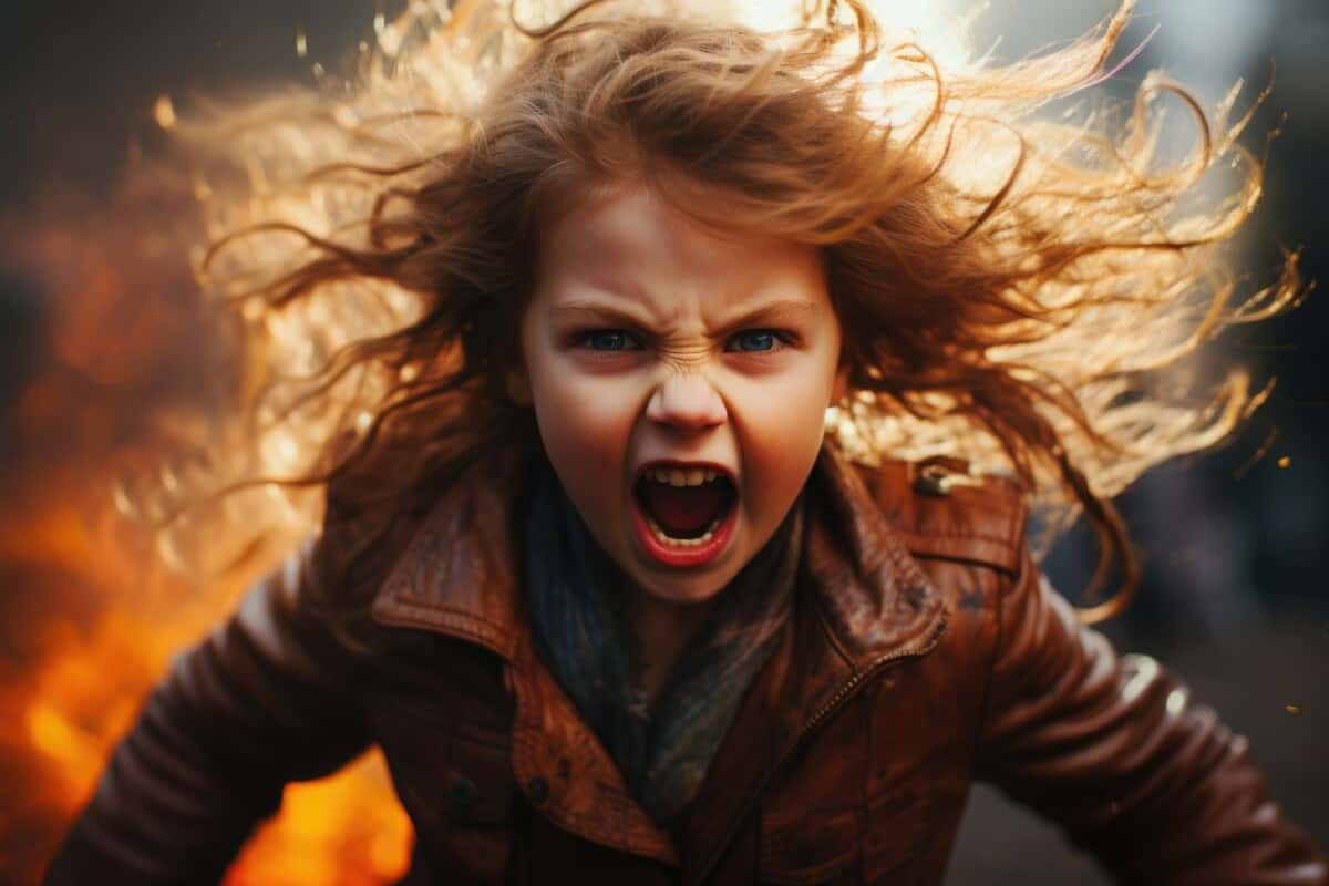 Ferocious, screaming young girl with fire in the background