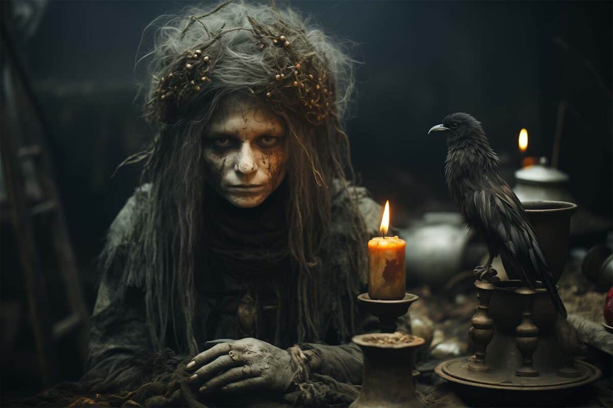 Ghoulish Baba Yaga, a ghostly witch, sits beside a raven and flickering candles at a mysterious dinner table, her pale visage marked with faint inscriptions