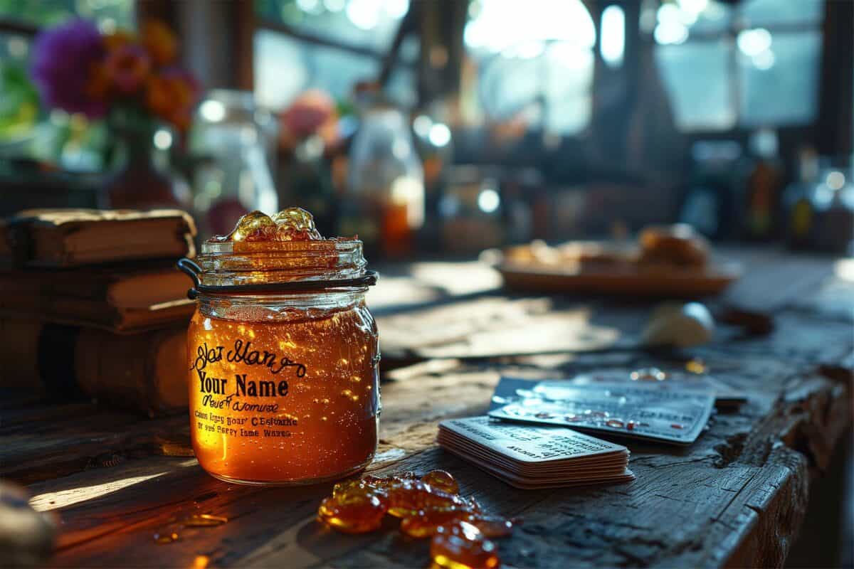 Honey jar proudly showcasing 'Your Name' embossing, sitting on a rustic wooden table