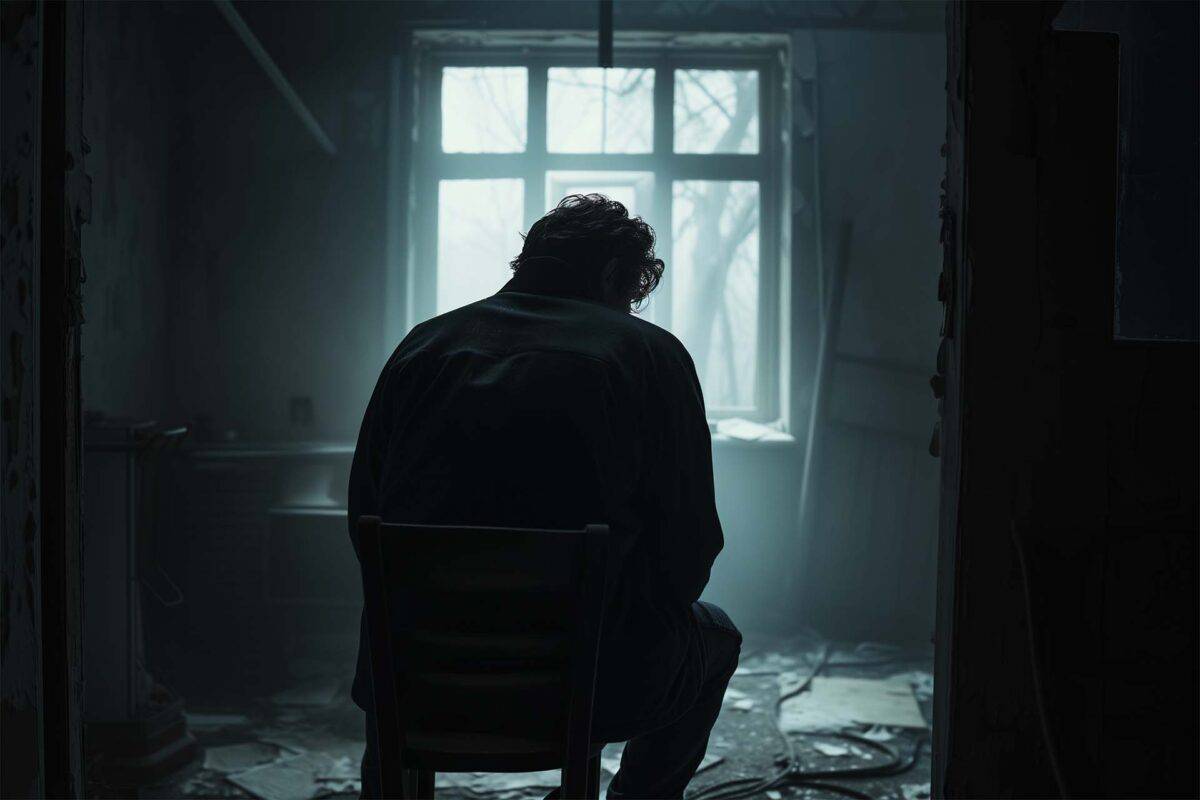 Isolated man sits in a broken chair in an abandoned, dark, dilapidated room, the atmosphere misty and haunting, with foggy daylight piercing through a large window