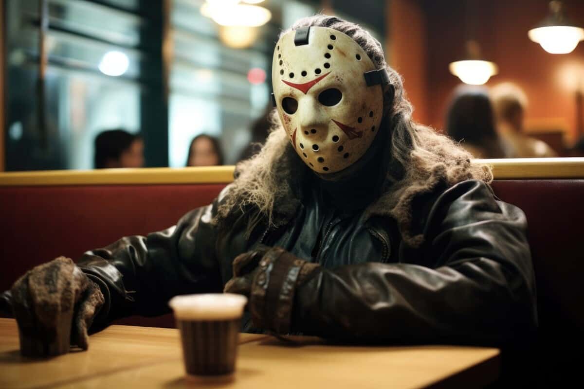 Jason Voorhees experiencing self-reflection while sitting in a café