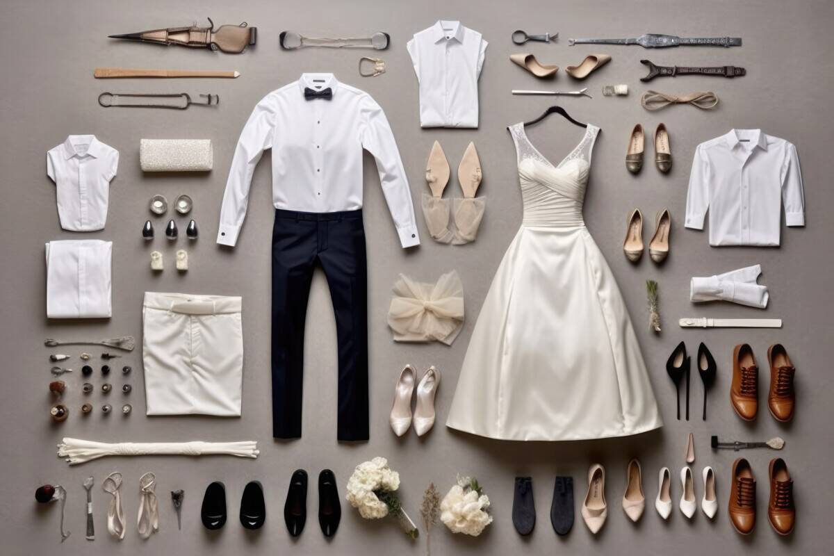 Knolling, bride and groom wedding attire
