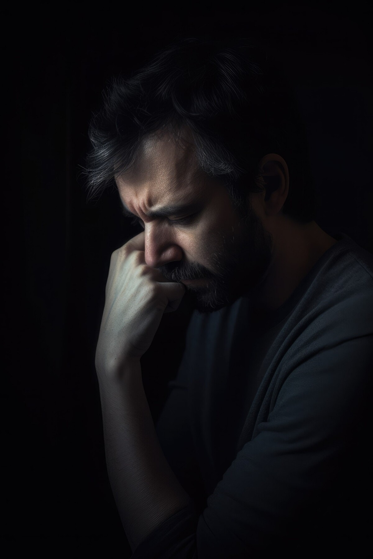Sad isolated man in a dark room