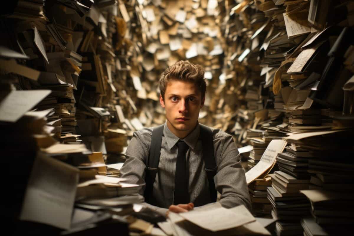 Man in suit sitting in a room surrounded by piles of papers