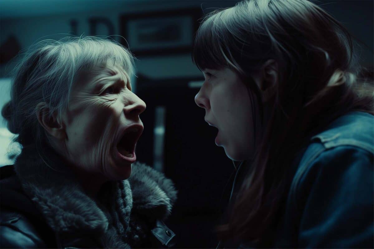 Older woman and her daughter-in-law in a near-dark room, mouths wide open, locked in a heated argument, expressing intense frustration and a palpable sense of danger