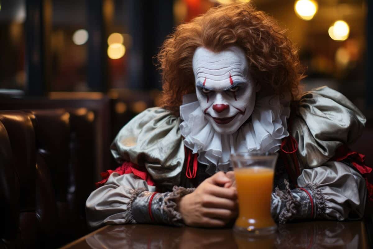 Pennywise sitting at a table on a date