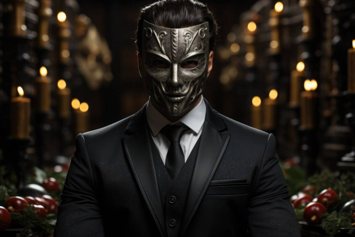 Phantom man wearing a mask and black suit in front of candles in a dark room