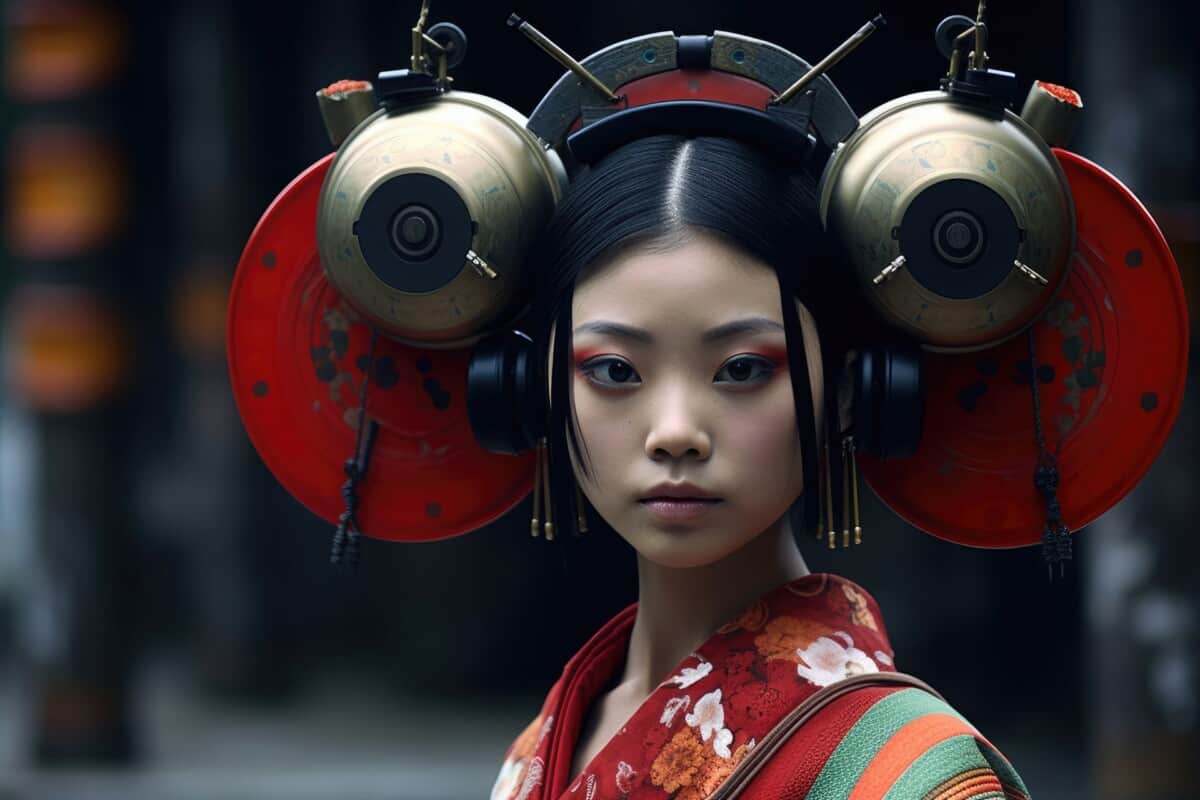 Samurai woman with stereo speakers for ears