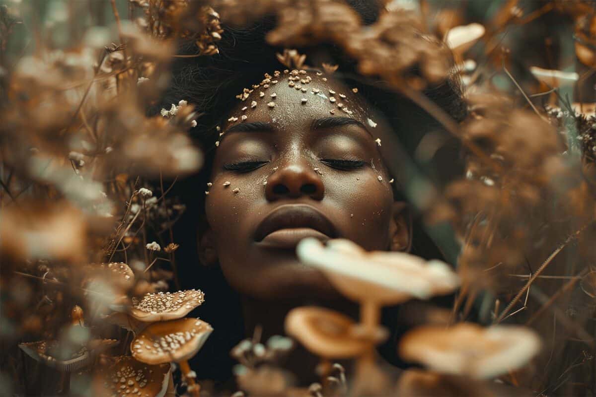 Serene woman with closed eyes amid surreal mushrooms in an enchanted forest