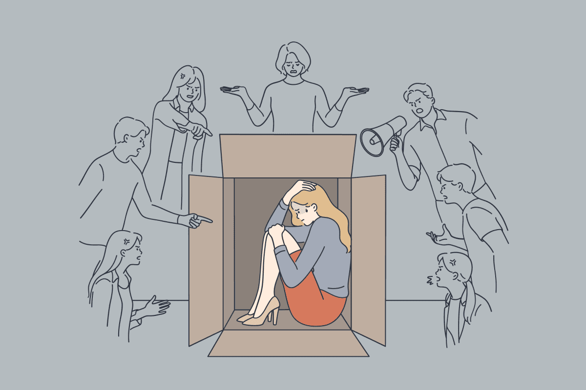 Stressed woman hiding in box from society bullying