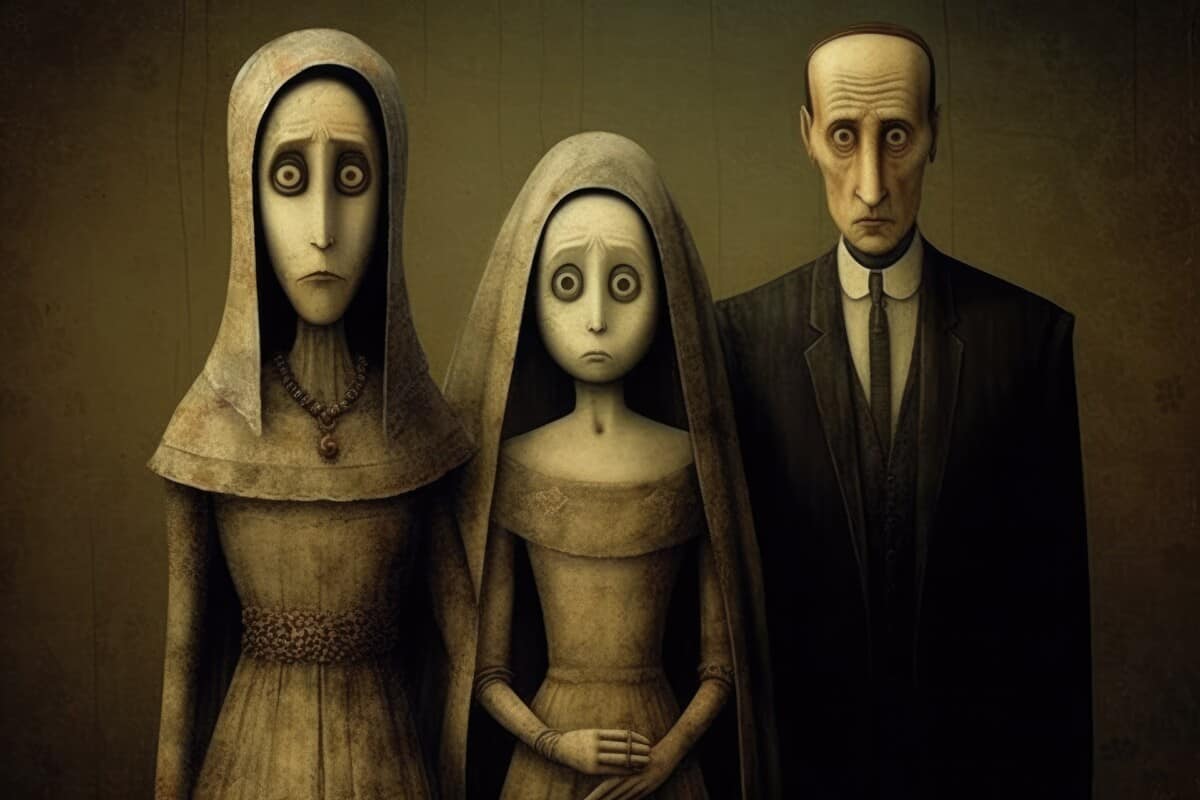 Sullen bride flanked by her morose mother and father