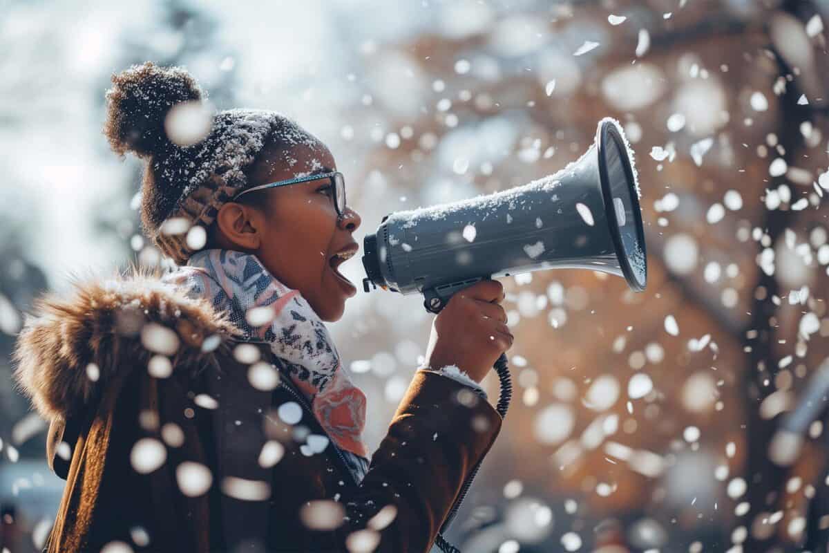 Woman boldly announcing into a megaphone amidst falling snow in winter weather