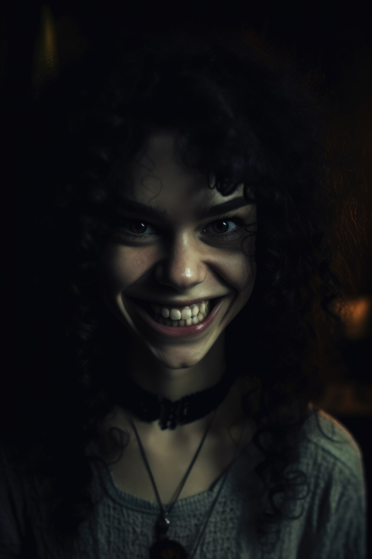 Woman with creepy fake smile in dark atmosphere