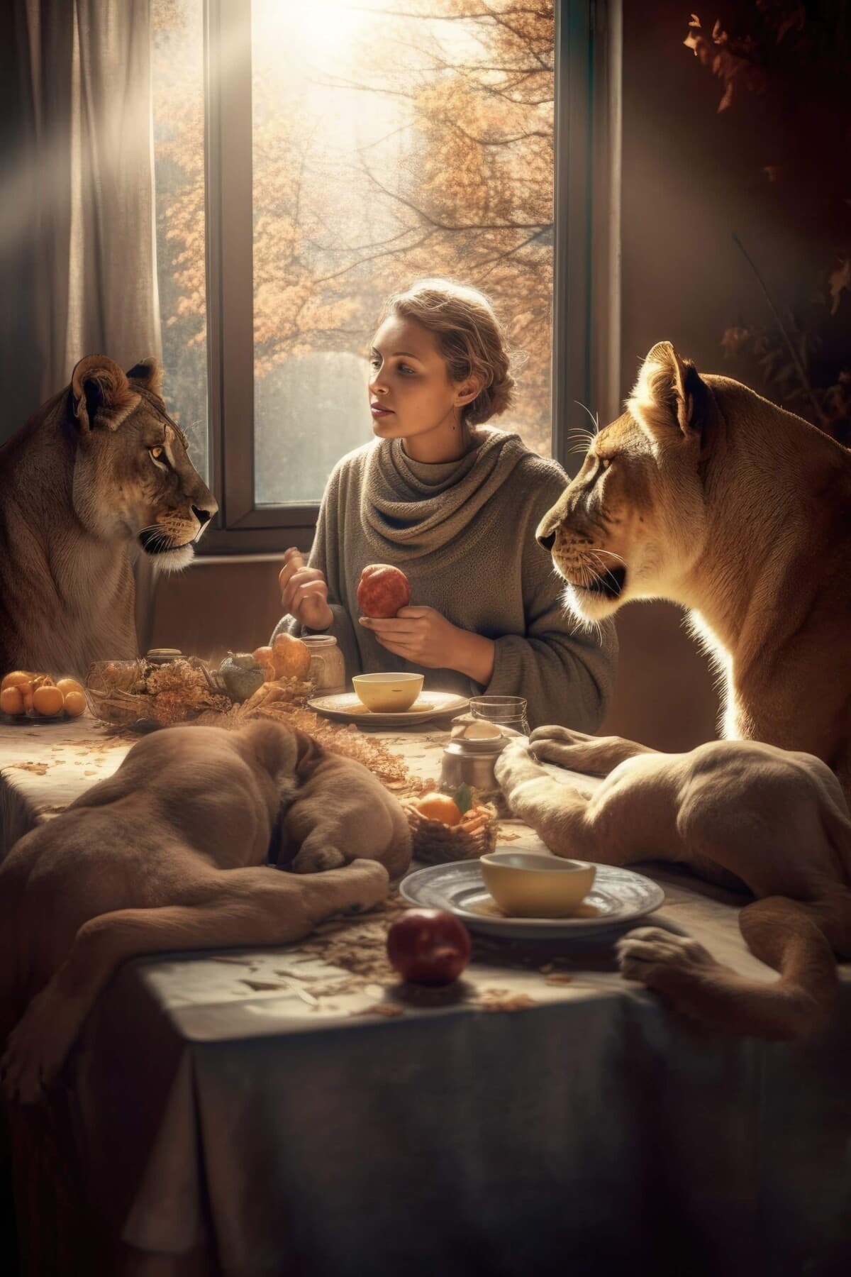 Woman dining with pride of lions in dreamlike portraiture