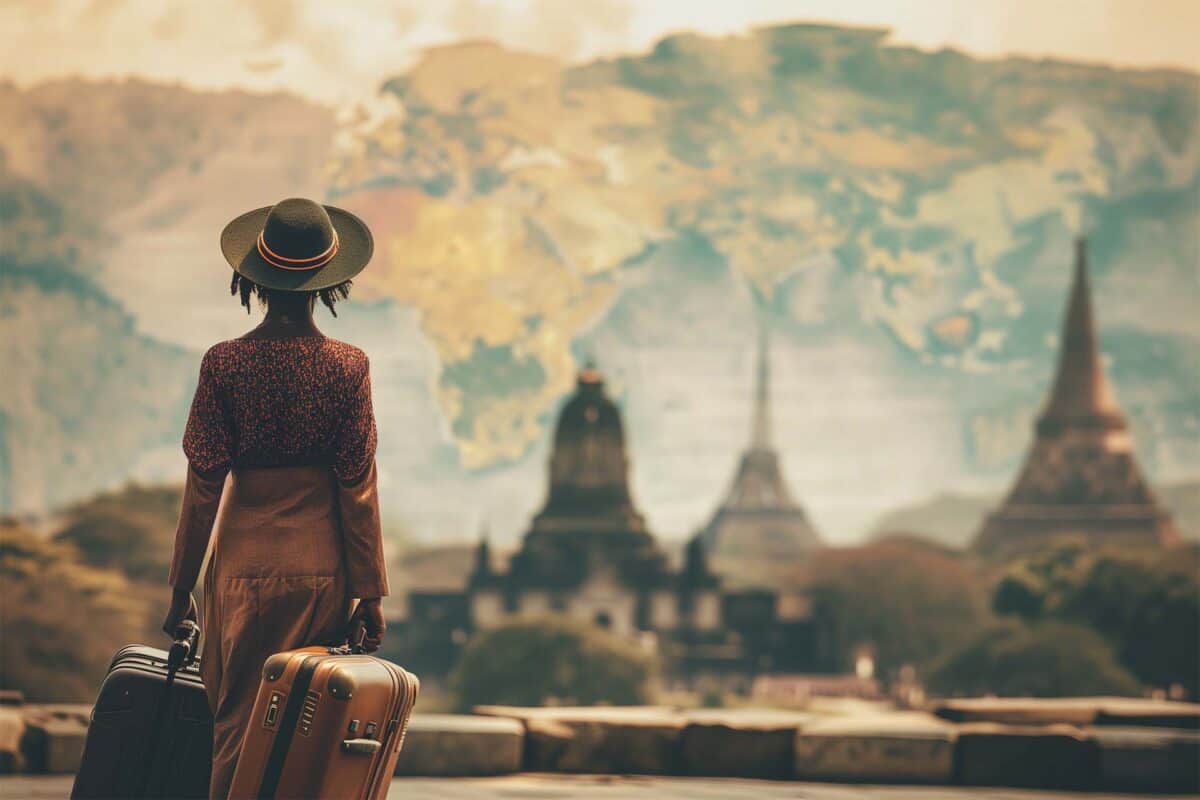 Woman embarking on a global journey, holding suitcases in front of a world map