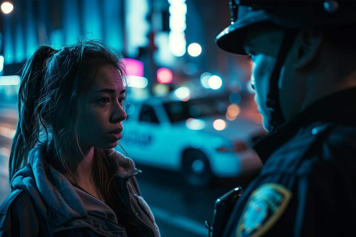 Woman engaged in a heartfelt conversation with a police officer at night in a dark urban cityscape