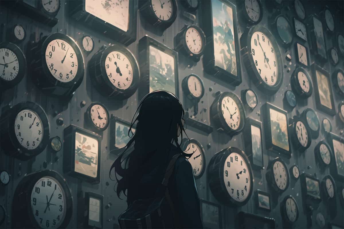 Woman gazes at a dark atmospheric wall adorned with analog clocks