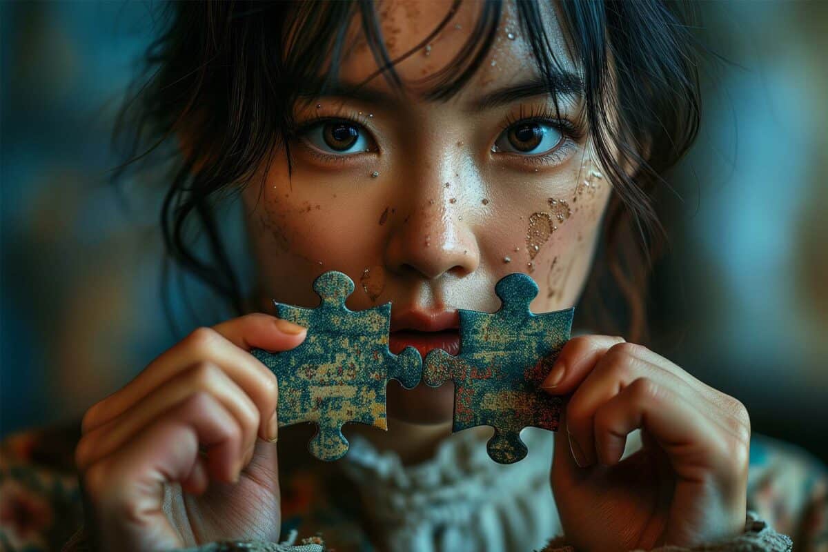 Woman holding two mirrored puzzle pieces in front of her face, illustrating their lack of unity and connection