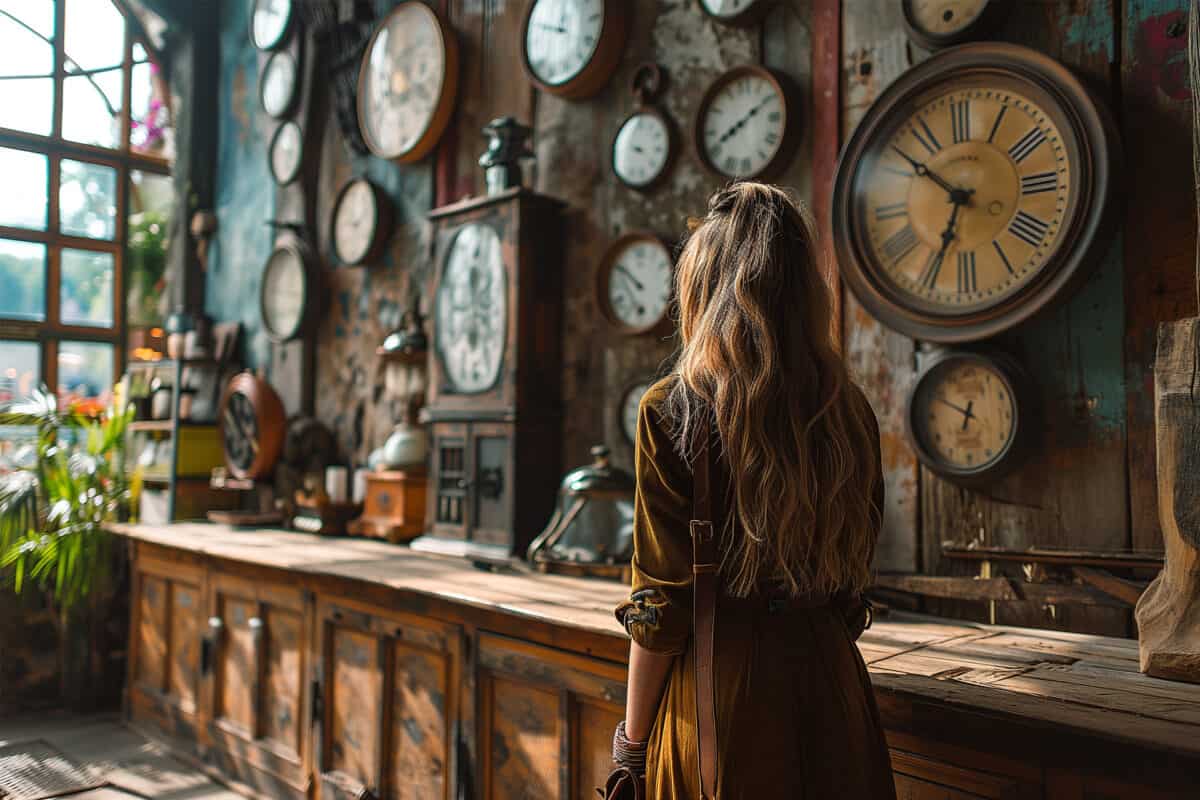 Woman immersed in an enchanting antique shop, facing a captivating display of old-world wall clocks