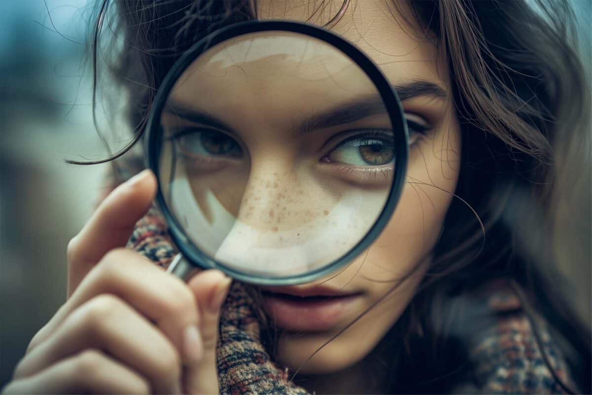 Woman looking through a large magnifying glass, with eyes magnified, creating a unique perspective