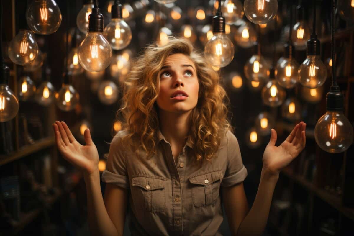 Woman looking up at hanging light bulbs and enchanting lighting