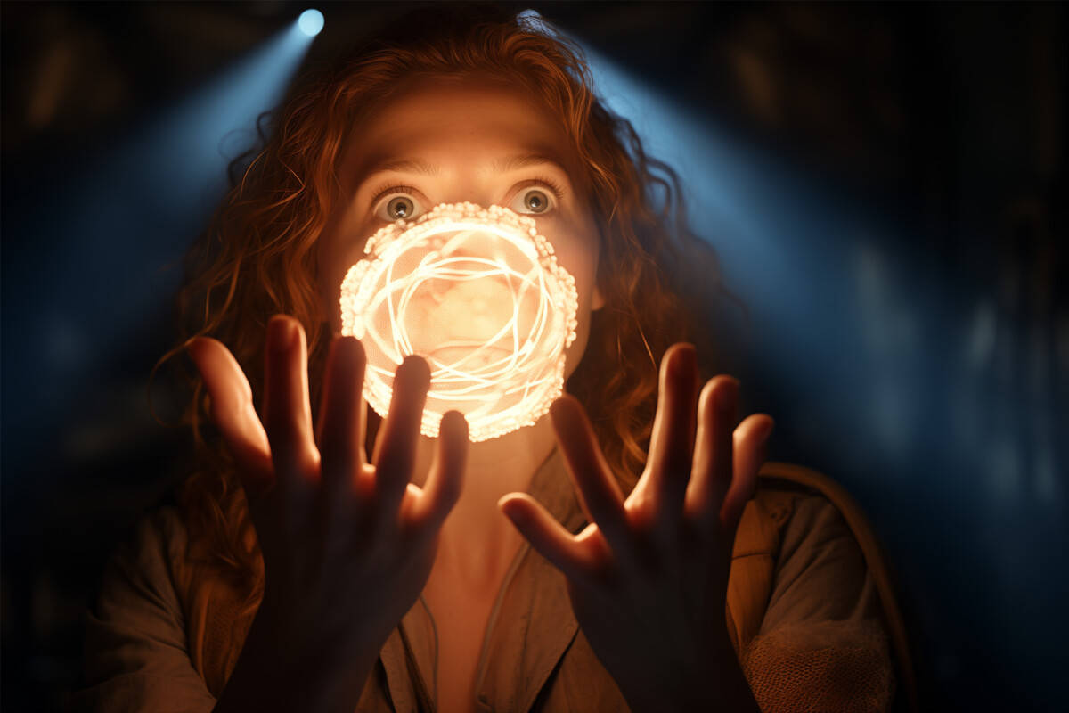 Woman looks up in wonder at mysterious, glowing light above her hands