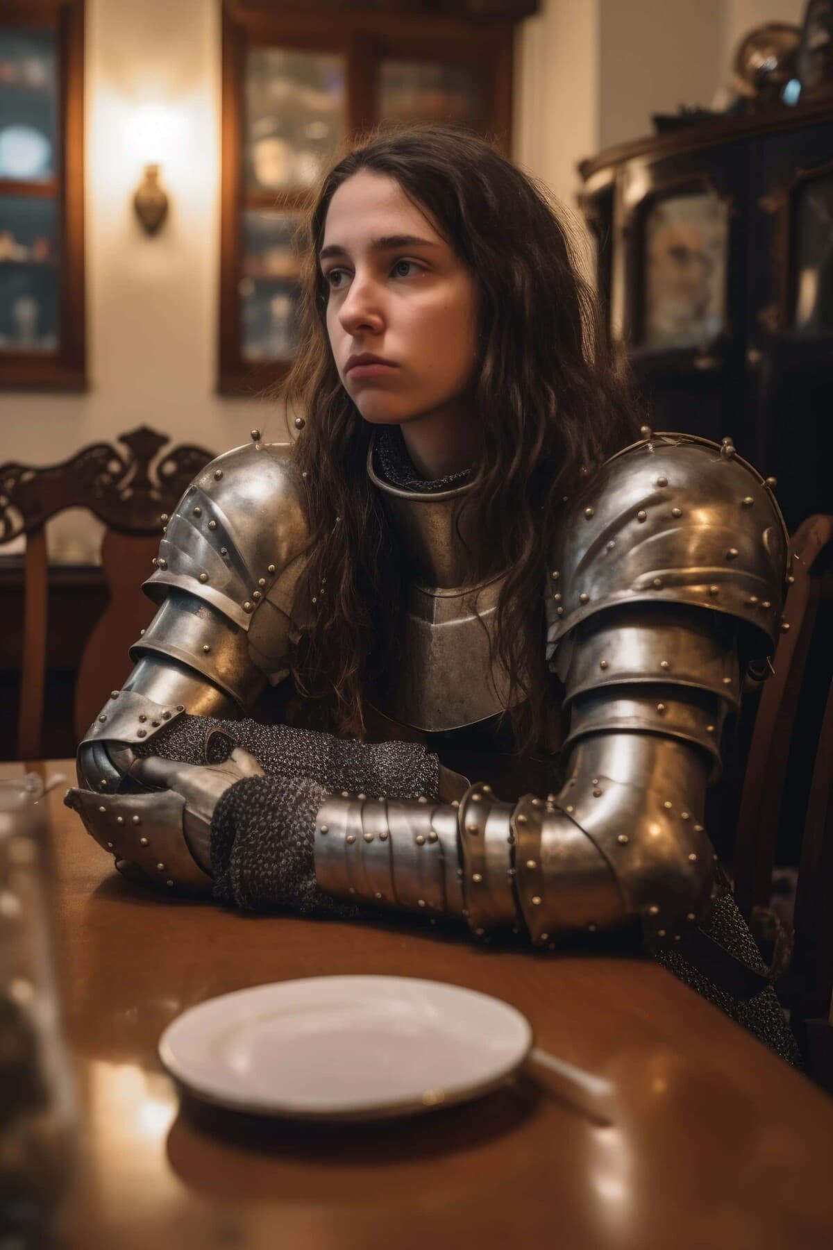 Woman wearing medieval armor at dinner table
