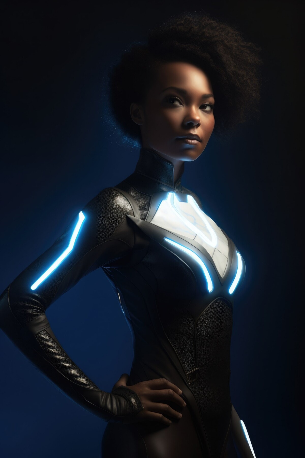 Woman posing in dark, glowing, superhero suit