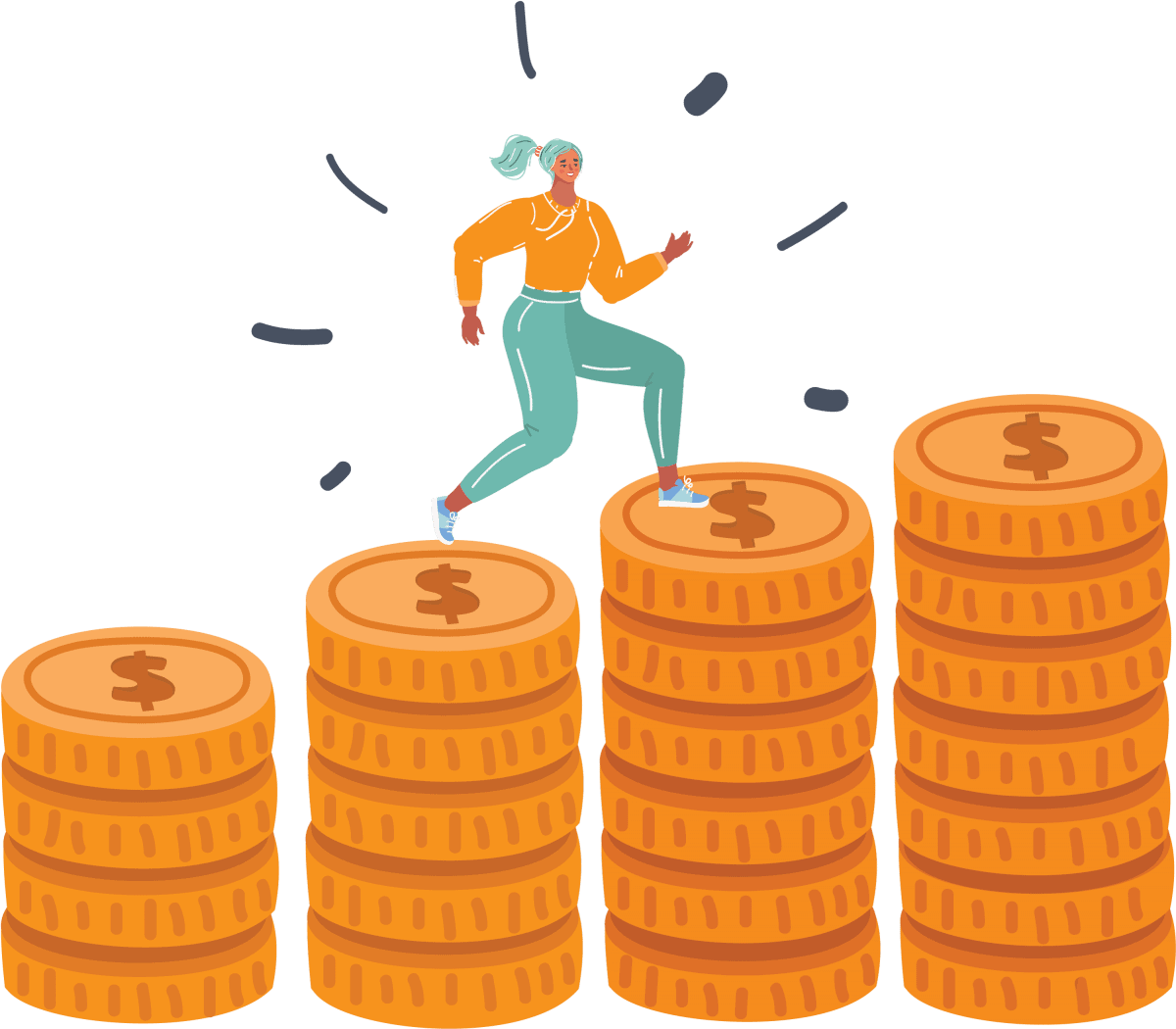 Woman running up stack of coins