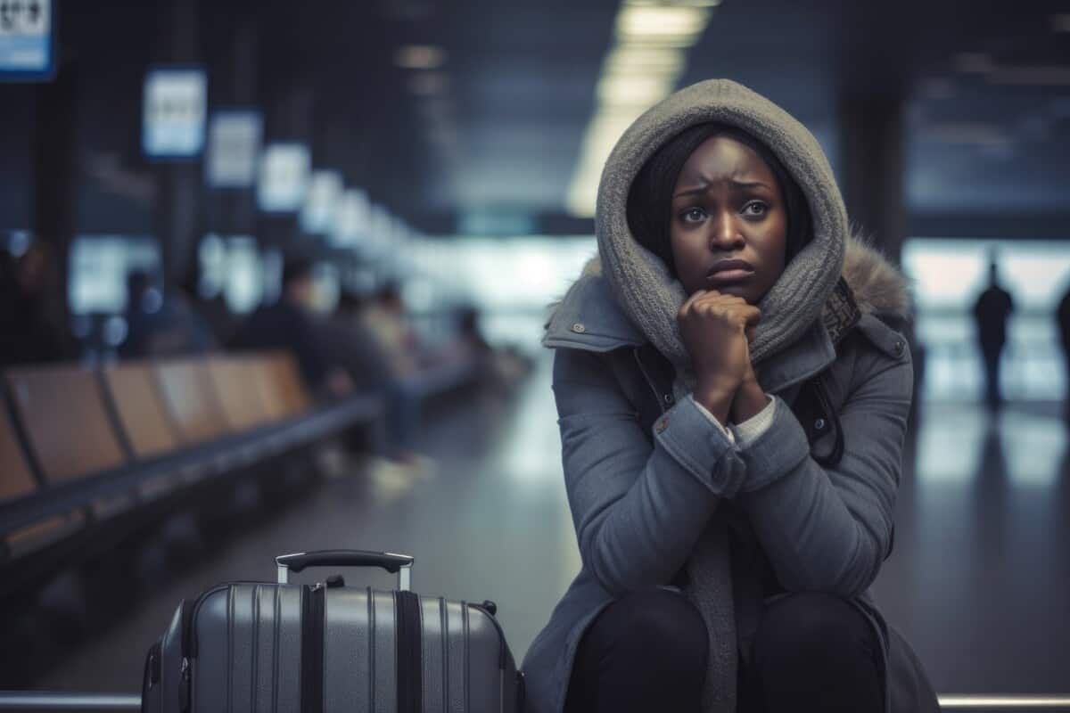 Woman sitting in an airport terminal worried over delayed flight