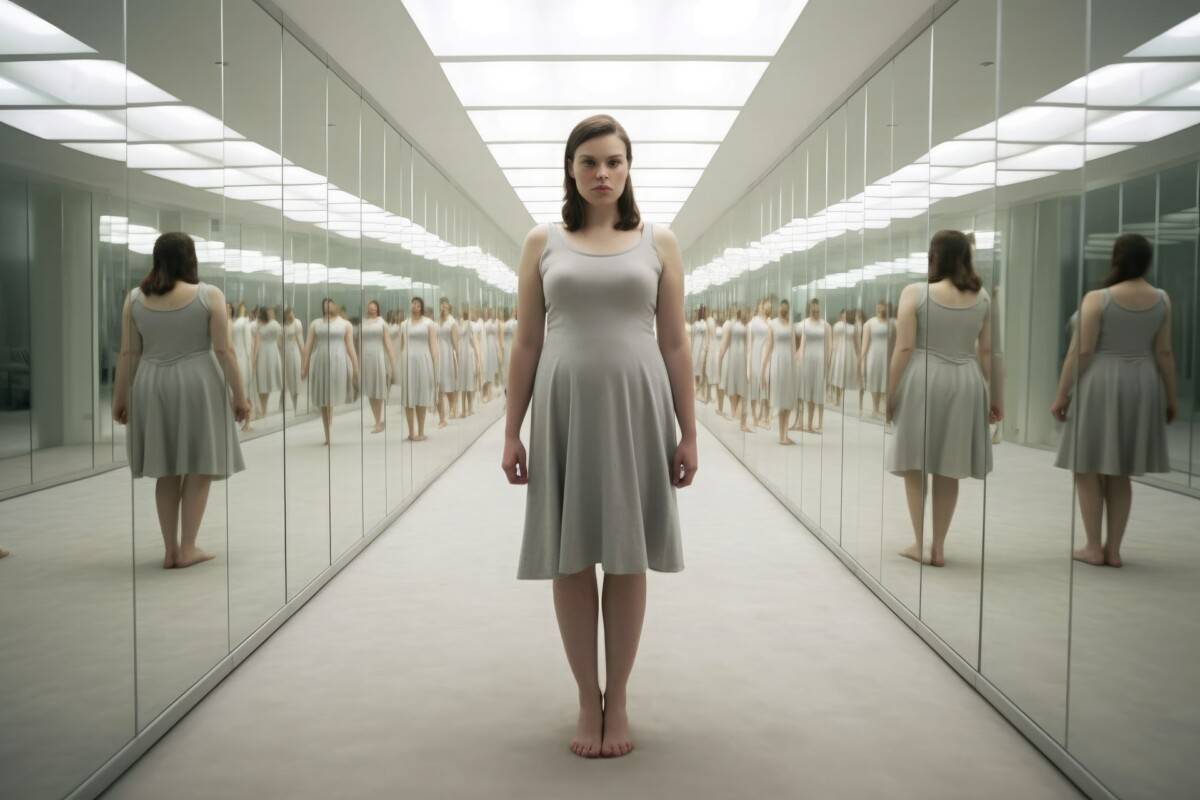 Woman standing inside a hall of mirrors