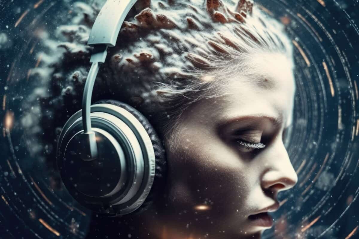 Woman wearing headphones, eyes closed, with a sonic spiral light pattern