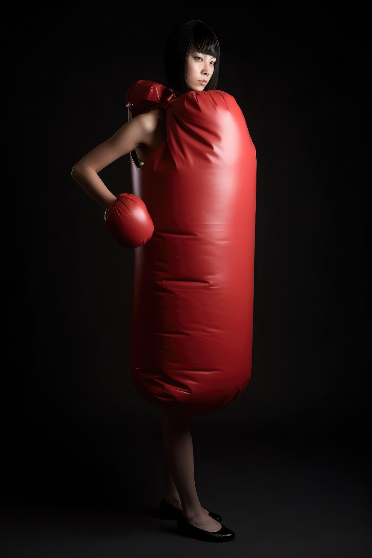 Woman wearing red punching bag