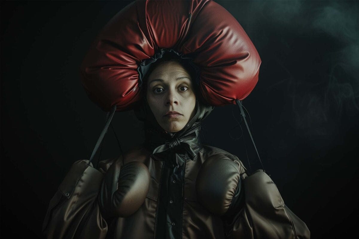 Woman wears an absurdist, avant-garde, full-body ensemble resembling a bulbous, puffy punching bag